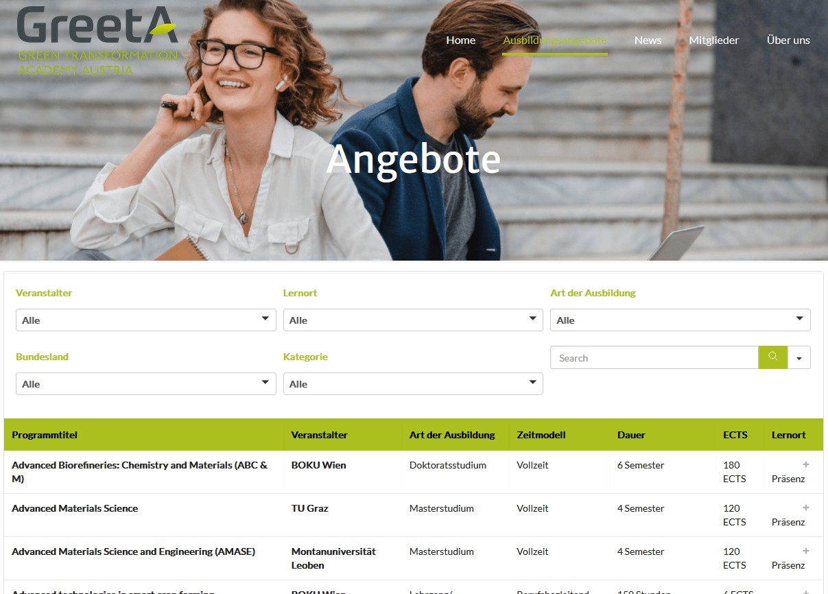 Screenshot der Website "Ausbildungsangebote" der Vereins GreetA