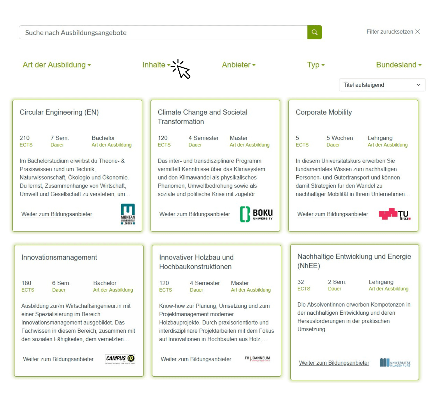 Bild der online Suche zu Green Skills Angeboten in Österreich, Ausgabe 2026