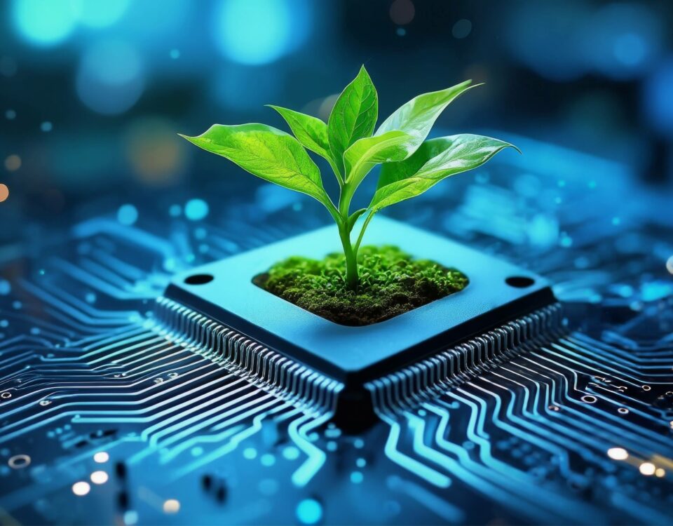 Imagebild mit einer Pflanze, die aus einem Microchip in Computerinnenteilen wächst