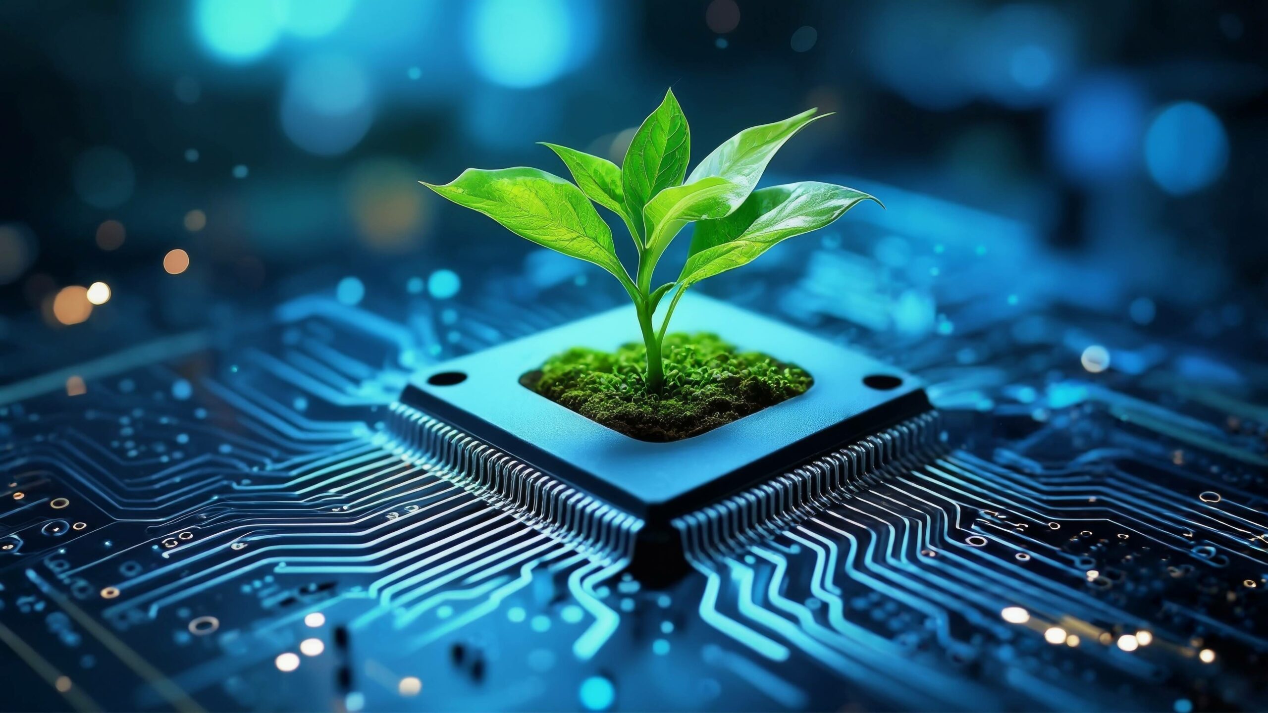 Imagebild mit einer Pflanze, die aus einem Microchip in Computerinnenteilen wächst